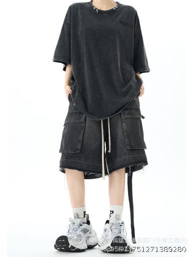Wide leg drawstring washed denim shorts for men