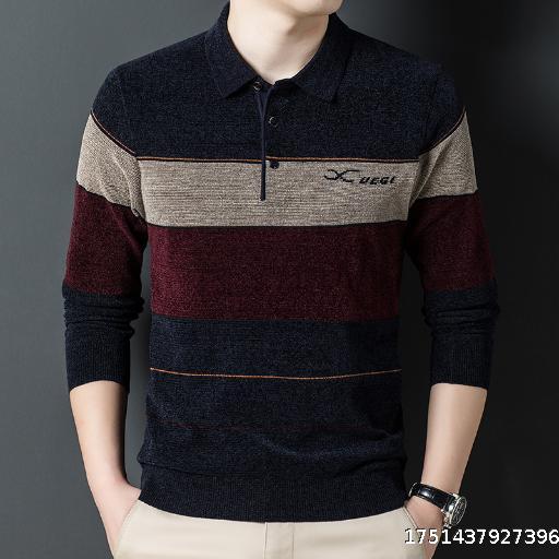 Men's Long sleeved T-shirt Autumn/Winter Color blocked Collar Knitted T-shirt with Wool, Casual