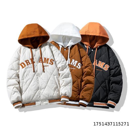 2025 Winter Hong Kong style hooded jacket, fake two-piece hooded cotton jacket, fashionable trendy brand couple's thick cotton jacket