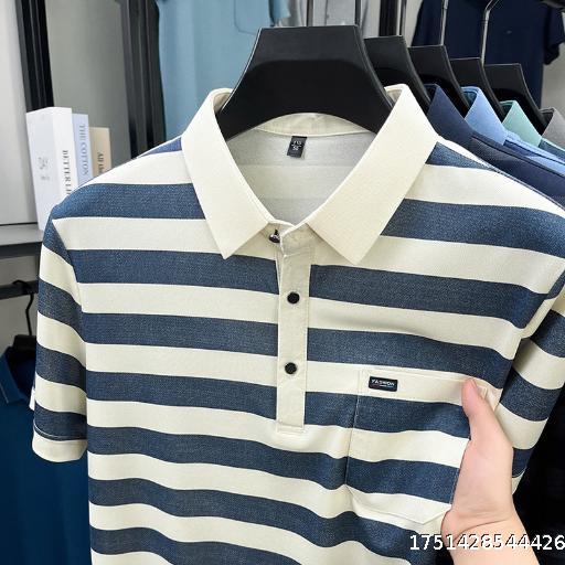 Summer Polo Shirt Men's Light Mature Casual Striped Collar True Pocket Short Sleeve Men's T-shirt