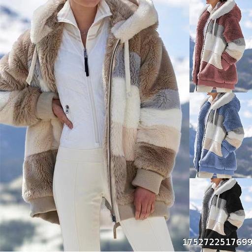 2025 Autumn/Winter Warm Plush Patchwork Zipper Pocket Hooded Loose Jacket for Women