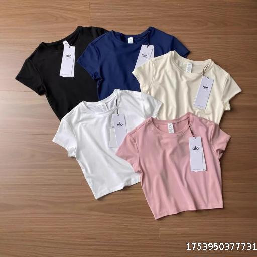 ALO Sports Training Yoga Shoulder Short sleeved T-shirt for Women Summer Top with Bottom Short Shirt