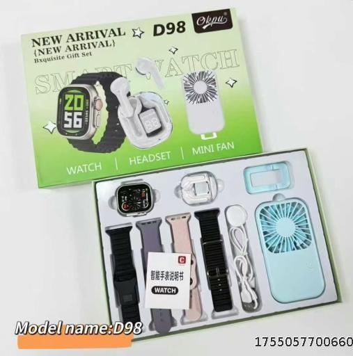 Smartwatch D98 with Multiple Functions, Bluetooth Headphones, and Mini Fan for Long Battery Life
