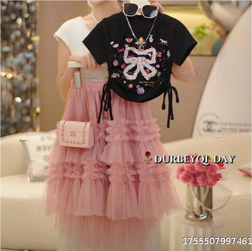 Girls' Summer Set 2025 New Baby Girl Butterfly Printed Short Sleeve Mesh Princess Skirt Stylish Two Piece Set Trendy