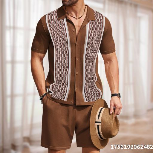 Men's Ice Cool Silk Jacquard Two Piece Knitted Sweater Casual Polo Set