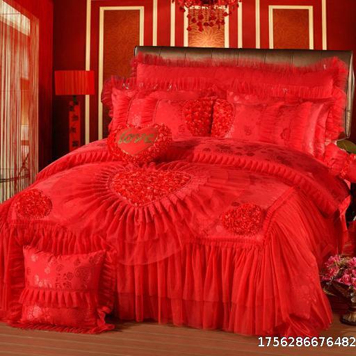  Korean Wedding Red 4-piece Set, Gongsatin Jacquard Wedding Gift Lace Multi piece Set, Duvet Set, Pure Cotton Bed Sheet 4-piece Set