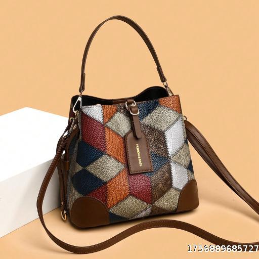  Women's bag niche design color collision Korean version versatile color mom buying vegetable bag women's single shoulder trendy bag splicing color bucket bag