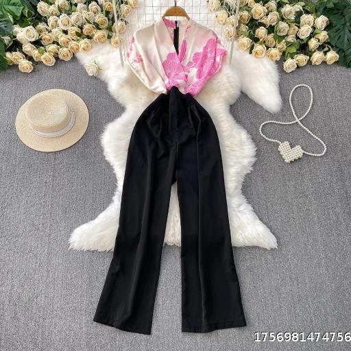  High end and elegant temperament printed patchwork V-neck short sleeved jumpsuit for women's summer new collection, waist cinching and slimming wide leg pants