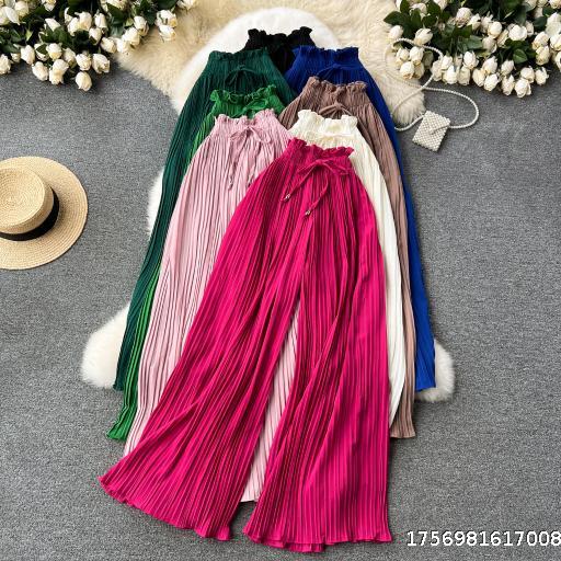  Summer Wear High Waist Strap Versatile Casual Pants for Women, Slightly Fat and Large Size, Show Thinning, Conceal Flesh and Drop, Wide Leg pleated Pants