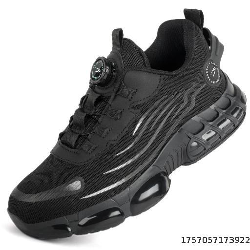Fashionable lazy shoelace free labor protection shoes, button type anti smashing and anti puncture safety shoes, flying woven workwear shoes