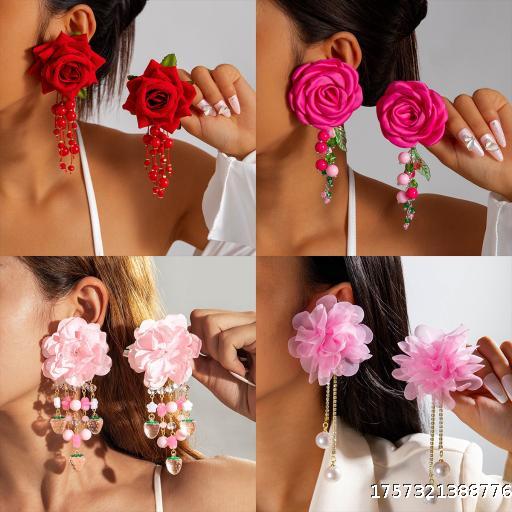  French Romantic Fashion Versatile Colorful Three Dimensional Large Flower tassel Pendant Earrings Simulated Flower Earrings for Women