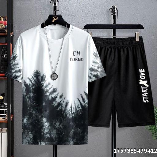 New Quick drying Ice Silk Gradient Set Men's Short sleeved T-shirt Summer Casual Shorts Sports Two piece Set Handsome Men's Wear