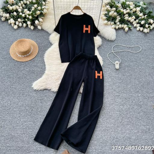 2025 Spring and Summer New Short Sleeve Knitted Set Women's Head Round Neck Top+Loose Wide Leg Pants Two Piece Set Trendy