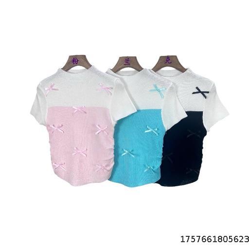 2024 Summer New Gentle Style Korean Edition Women's Wear Pure Desire Bow Color blocked Curved Folded Short Sleeve Top for Women