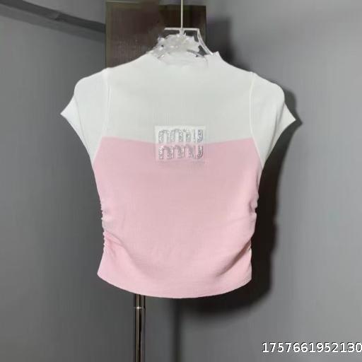 Half high neck short sleeved slim fit, color blocked letter printed short sleeved shirt, pure desire for spicy girls to show off their chest, large pure desire top