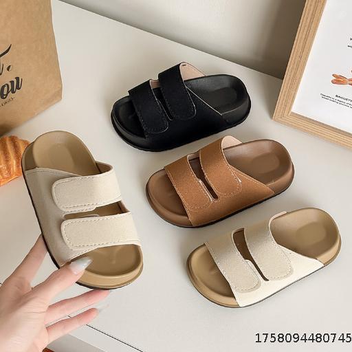  Fashionable children's thick soled slippers for men and women, fashionable outerwear, Velcro, open toed sneakers, medium to large children's semi cool slippers