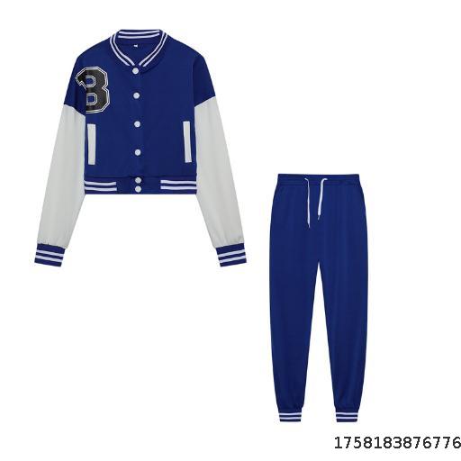 Thick Women's Letter Color blocked Jacket Single breasted Letter Printed Baseball Suit Sports Set