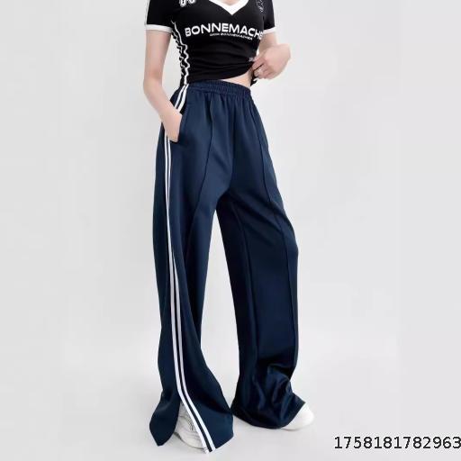 2024 New Red Black Leg Split Casual Pants Spring and Autumn Summer Sports Pants Vertical Bar Wide Leg Straight Leg Pants Women
