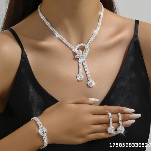 Sparkling Little Fresh Full Diamond Butterfly Knot Tassel Women's Jewelry Set
