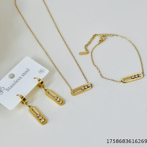 Stainless Steel 3-Diamond Removable Pendant Bracelet Set Gold Clavicle Chain Necklace Full Diamond