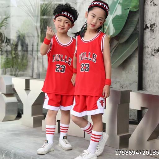  Wholesale Children's Clothing Bulls Team No.23 Primary School Student Performance Jersey Printed with Number Characters Children's Basketball Suit Set