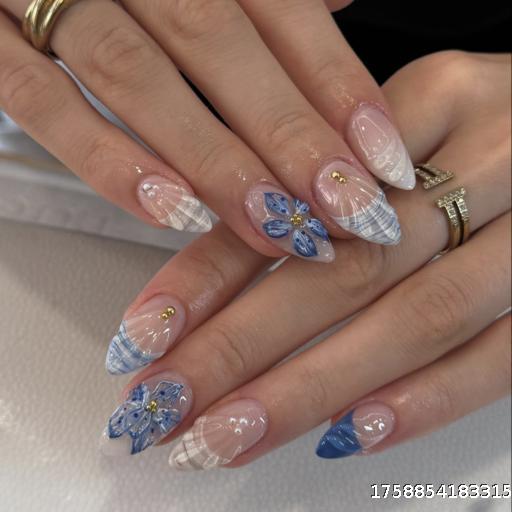 Summer Hot Selling Wearing Armor French Blue Wave Beach Nail Flakes Almond shaped Fake Nails