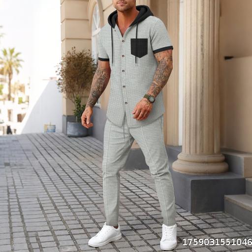Men's New Waffle Hoodie Color blocked Short sleeved Pants Two piece Casual Set