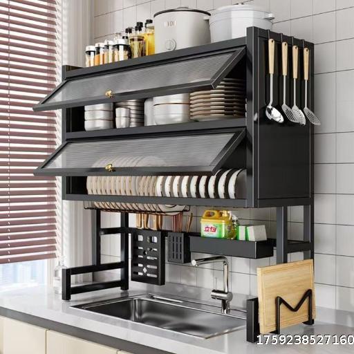 Double layer kitchen sink storage rack, sink countertop with door, dustproof drainage rack, household bowl and dish multifunctional storage cabinet