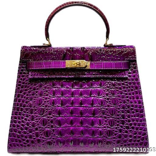 Kelly Bag Cowhide Crocodile Bone Pattern Single Shoulder Cross Shoulder Handbag Female Pet Bag Large Capacity Sea Anemone Purple