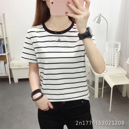 Summer Cotton T-shirt plus size women's clothing 2023 Korean version short sleeved women's belly covering mother's clothing striped Korean style