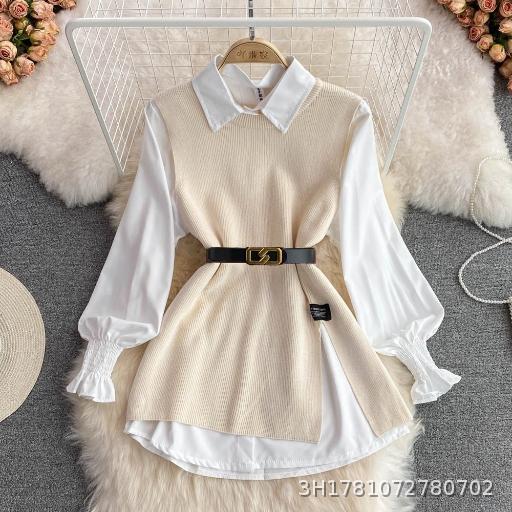 2026 Spring and Autumn Loose Knitted Vest Shirt Two Piece Set Women's Long Sleeve Set