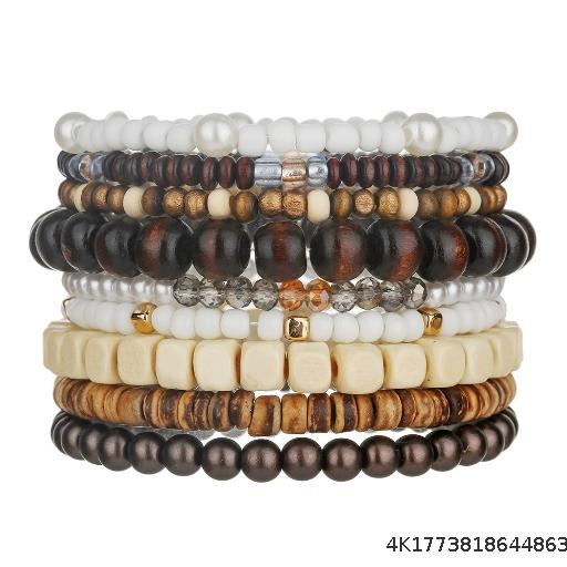 [Wholesale 5 Pieces] Bohemian Style Imitation Pearl Crystal Wooden Bead Bracelet Accessories Multi-Layer Elastic Men's Bracelet