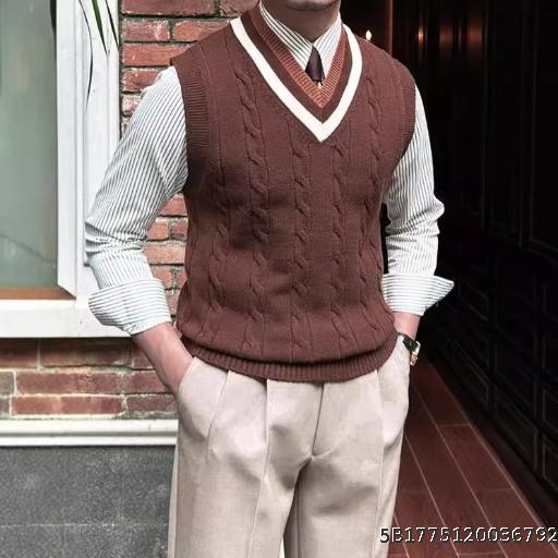 Black and White Contrast Casual Versatile Knitted Vest Men's Autumn/Winter British Fashion V-neck Sleeveless Sweater Tank Top