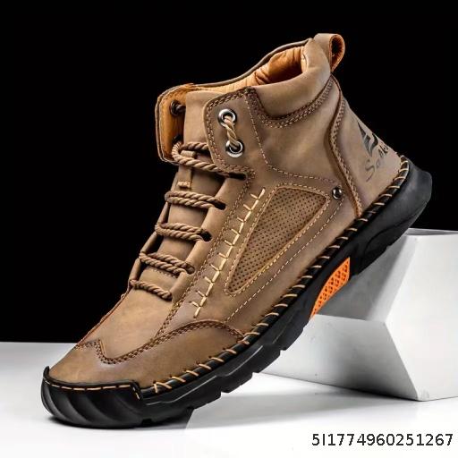 Leather Boots Men's Fashion Hand sewn Ankle Boots Flat Bottom Lace Casual Shoes