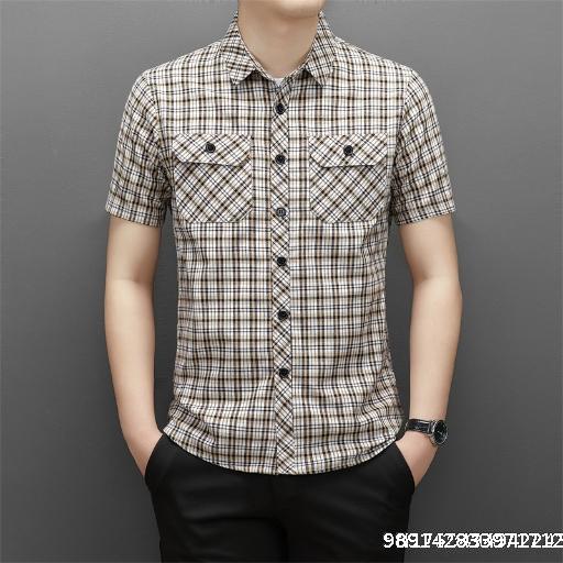 Men's Short Sleeve Checkered Shirt Fashion Double Pocket T-shirt