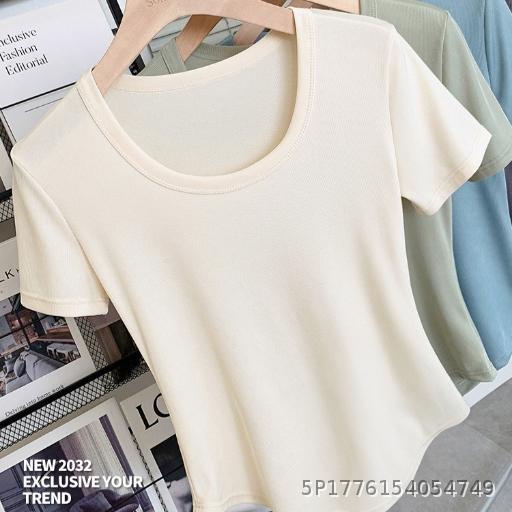  Spicy Girl Ice Thread Shoulder U Neck Short sleeved T-shirt for Women's Summer Fashion Versatile Slim Fit Base Shirt High Elasticity Top