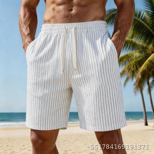 Men's striped five quarter shorts with drawstring and elastic waist casual pants