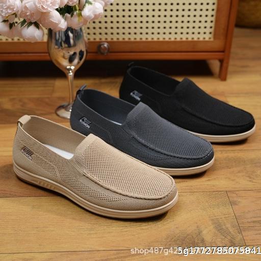 Men's Spring New Flyknit Hollow Flyknit Surface Shoes, One Step Anti slip Dad's Shoes, Old Beijing Cloth Shoes for Men