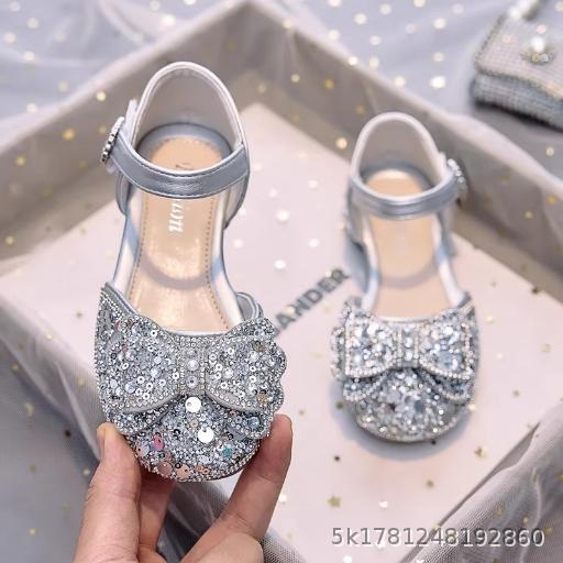  Princess Shoes, Girls' Leather Shoes, Small High Heels, New Children's Crystal Shoes, Performance Show, Silver Dress, Shining Shoes