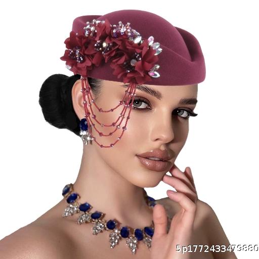 European and American Retro British Felt Headscarf Hat Women's Church Derby Diamond Accessories Tassel Women's Soft Beret