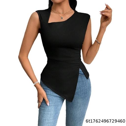 Women's Elegant European and American T-shirt 2025 Spring/Summer New Style Slant Collar Slimming Short Solid Color Top