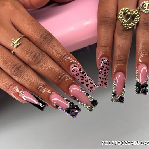 MOQ3,Square shaped fake nails, fashionable leopard print, bursting flash, broken diamond, butterfly node, wearable nail piece, wholesale of finished products