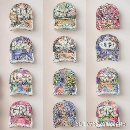  Spot Supply Cross border Specialty Flower Cloth Dot Diamond Duck Tongue Hat Colorful Printing Flash Diamond Letter Baseball Hat Manufacturer Wholesale