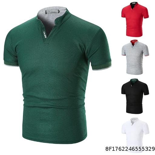 Solid color cuffs striped stand up collar half neck men's casual polo shirt