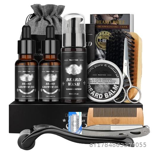 Beard Care Set Roller Shaver Growth Liquid Beard Care Essence Fragrance Resin Double sided Comb Scissors Brush Styling Tool