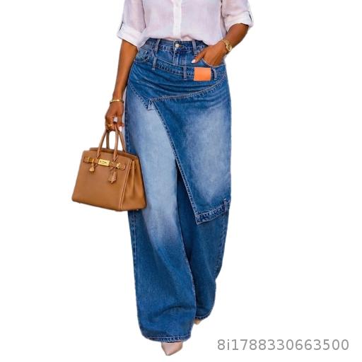  Irregular denim wide leg pants with European and American design sense, women's clothing, hanging loose straight leg pants