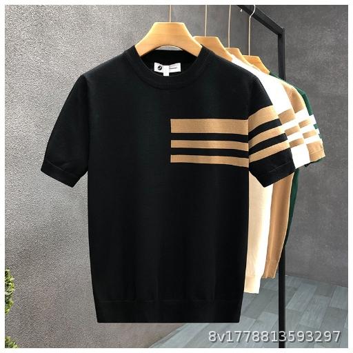 Summer Trendy Versatile Round Neck Knitted Short Sleeve Color Contrasting Thin T-shirt Men's Interior Bottom Shirt Trendy