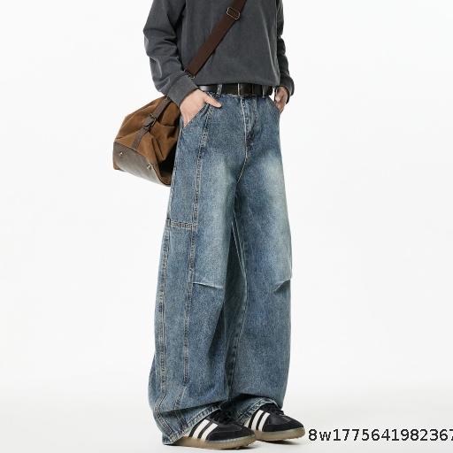  Washed denim jeans men's straight leg loose deconstruction curved knife wide leg American high street pants trendy brand cool and stylish patchwork pants