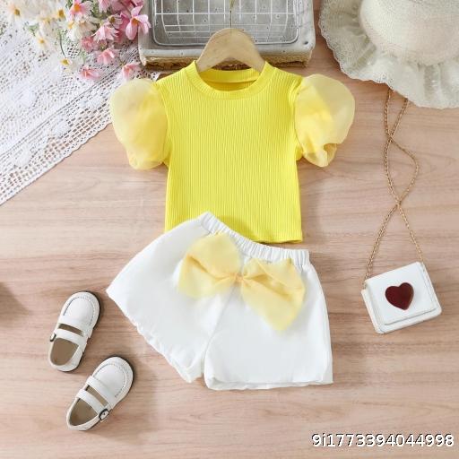 Girls' Summer Set Bubble Mesh Sleeves Western T-shirt Bow Shorts Sweet Casual Two Piece Set