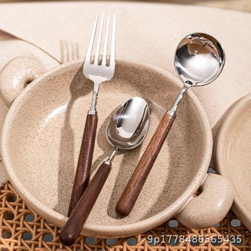 Walnut handle spoon 304 stainless steel household high-end exquisite dining spoon long handle fork thickened